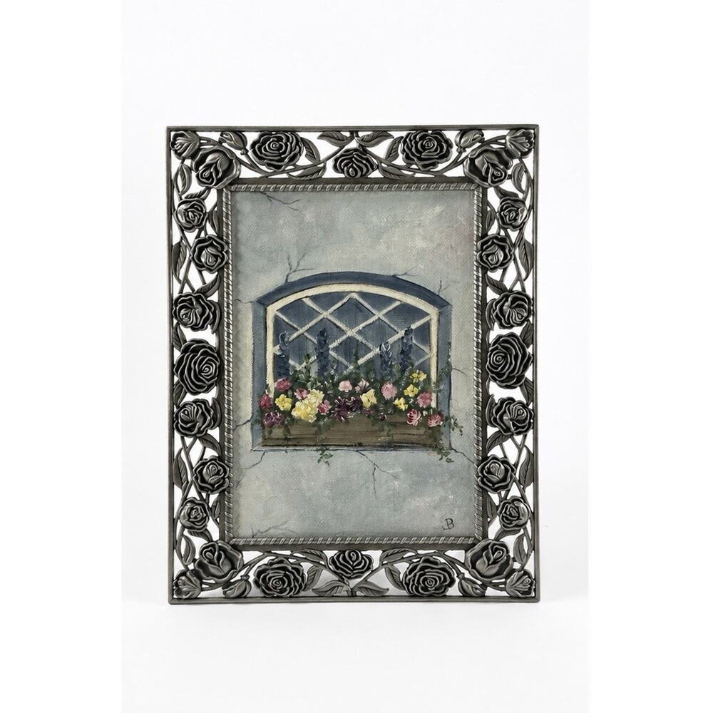 Original Floral Window Painting in Silver Tone Rose Frame 7x9” Cottage Style